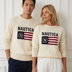 Vintage 90’s Nautica Cream Logo Flag Crewneck Sweater